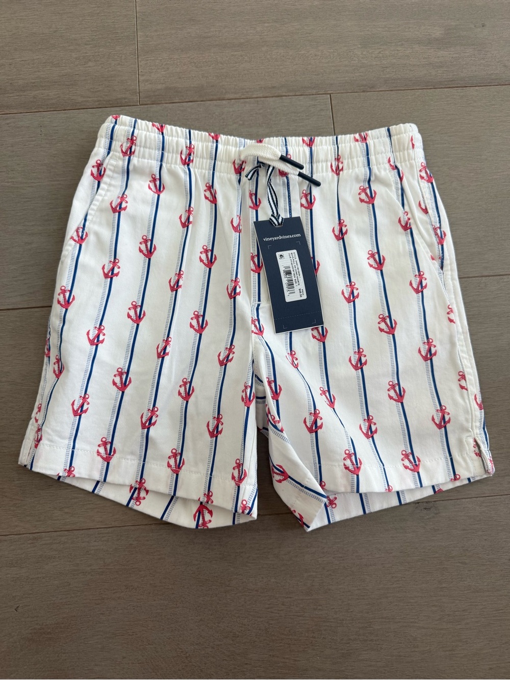 Vineyard Vines White Chino Shorts with Red Anchor & Blue Stripe